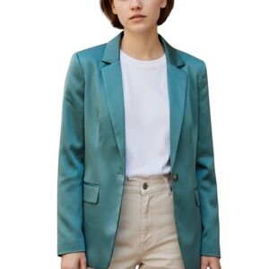 LOFT Teal Satin Lapel One Button Blazer Front Flap Pockets Work & Evening Sz 10